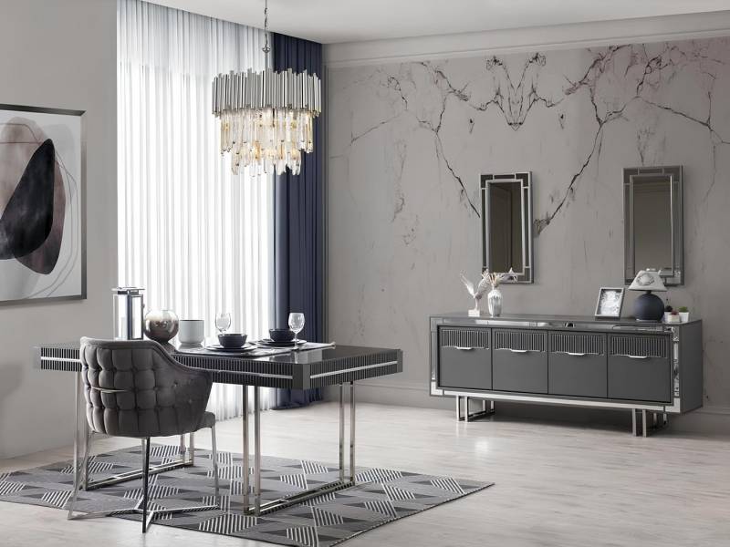 JVmoebel Essgruppe Eleganter 2-teiliges Esszimmermöbelset aus grauem Holz, (2-tlg., Esstisch + Sideboard), Made in Europa von JVmoebel