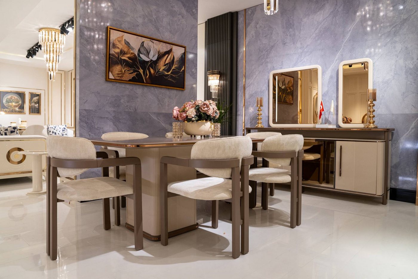 JVmoebel Esszimmer-Set Elegantes Esszimmer-Set aus Holz in Beige mit modernem Design, (8-St., Еsstisch, 6x Stühle, Sideboard mit Spiegel), Made in Europe von JVmoebel