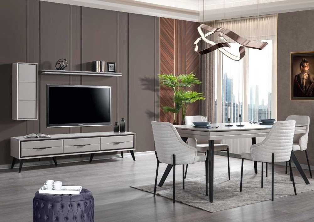 JVmoebel Esszimmer-Set Elegantes Esszimmer Set in Weiß mit Tisch, Regal und 6 Stühlen, (10-St., Esstisch + 6x Stühle + TV Lowboard + Regal + Wandschrank), Made in Europa von JVmoebel