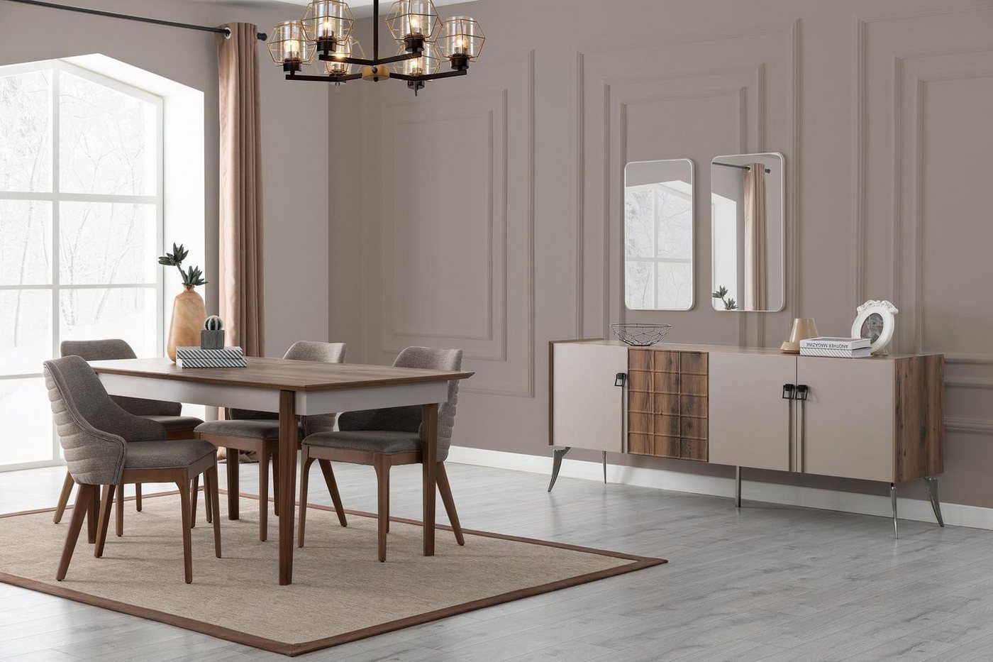 JVmoebel Esszimmer-Set Elegantes Esszimmer Set mit Designer Tisch, Spiegel und Stühlen, (8-St., 1x Esstisch + 4x Stuhle + 1x Sideboard mit 2x Spiegel), Made in Europa von JVmoebel