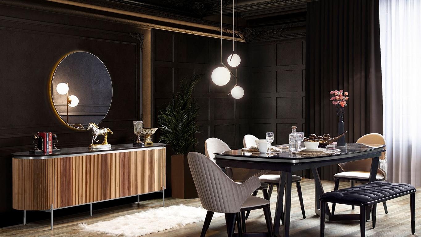 JVmoebel Esszimmer-Set Elegantes Esszimmer Set mit Tisch, 4 Stühlen, Anrichte, Spiegel, Bank, (8-St., 1x Esstisch+4x Stühle+1x Bank+1x Anrichte+1x Spiegel), Made in Europa von JVmoebel