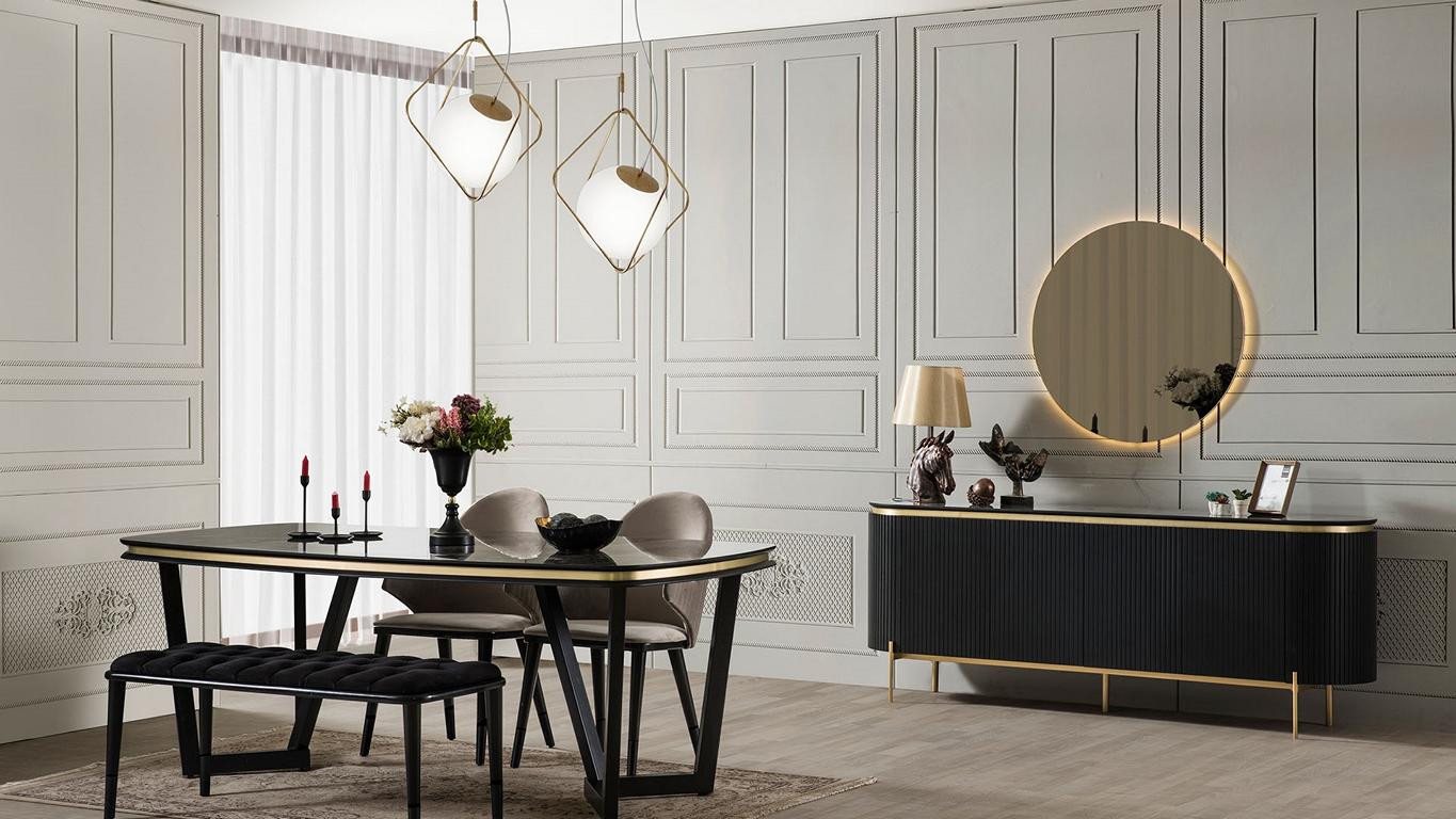 JVmoebel Esszimmer-Set Elegantes Esszimmer Set mit Tisch, 4 Stühlen, Bank, Anrichte, Spiegel, (8-St., 1x Esstisch+4x Stühle+1x Bank+1x Anrichte+1x Spiegel), Made in Europa von JVmoebel