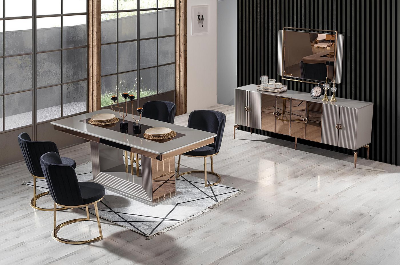 JVmoebel Esszimmer-Set Elegantes Esszimmer Set mit Tisch, 4 Stühlen und Spiegelkommode, (7-St., 1x Esstisch + 4x Stühle + 1x Anrichte + 1x Spiegel), Made in Europa von JVmoebel