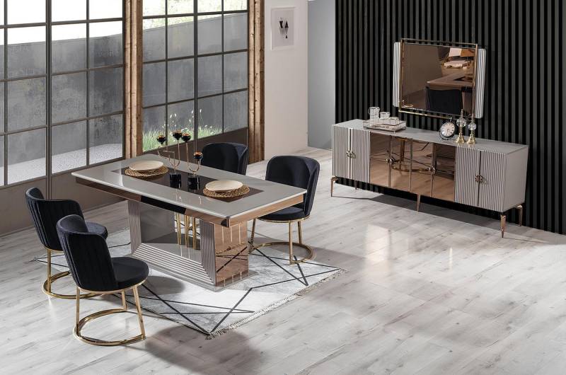 JVmoebel Esszimmer-Set Elegantes Esszimmer Set mit Tisch, 4 Stühlen und Spiegelkommode, (7-St., 1x Esstisch + 4x Stühle + 1x Anrichte + 1x Spiegel), Made in Europa von JVmoebel