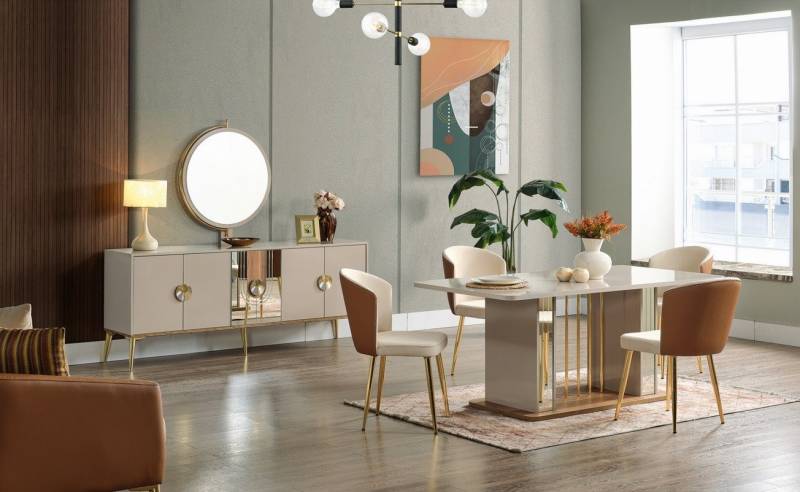 JVmoebel Esszimmer-Set Elegantes Esszimmer Set mit Tisch, 6 Stühlen und Anrichte, (8-St., 1x Esstisch + 6x Stühle + 1x Sideboard), Made in Europa von JVmoebel