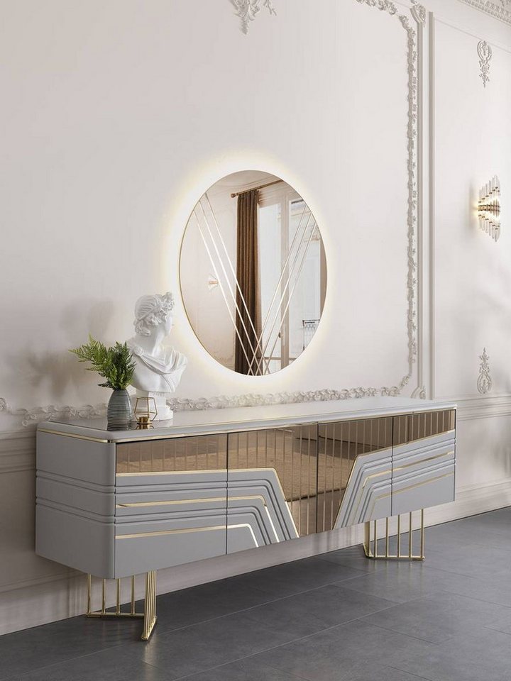 JVmoebel Esszimmer-Set Elegantes Set: Rundspiegel mit LED-Beleuchtung in Silber, (2-St., 1x Sideboard + 1x Spiegel), Made in Europa von JVmoebel