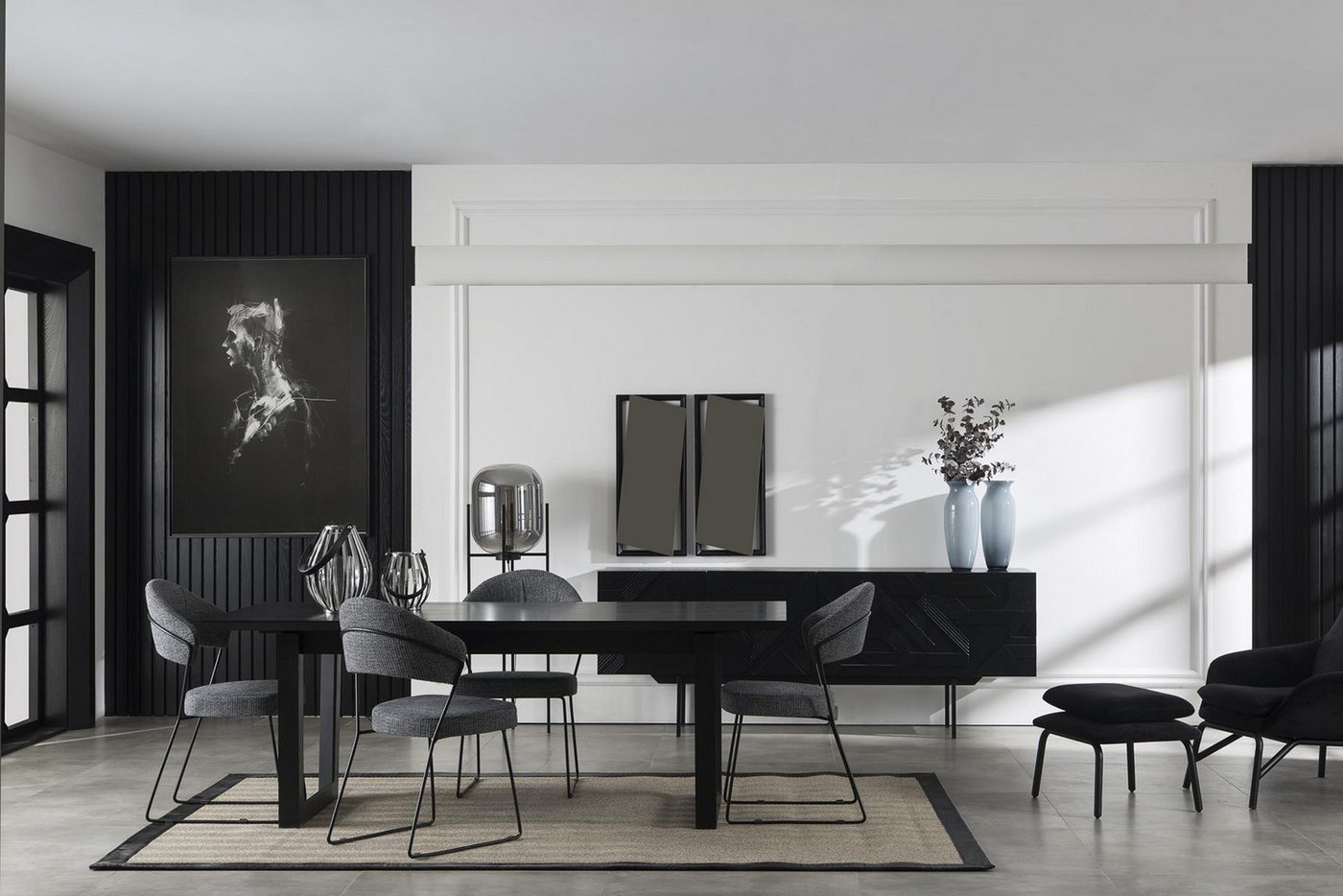 JVmoebel Esszimmer-Set Essgarnitur Schwarzes Set Anrichte Schrank Stühle Esstisch Essgruppe, (7-St., 1x Esstisch + 4x Stühle + 1x Anrichte + 1x Spiegel), Made in Europa von JVmoebel