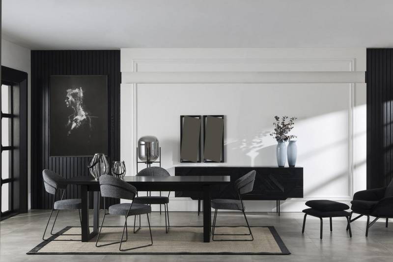 JVmoebel Esszimmer-Set Essgarnitur Schwarzes Set Anrichte Schrank Stühle Esstisch Essgruppe, (7-St., 1x Esstisch + 4x Stühle + 1x Anrichte + 1x Spiegel), Made in Europa von JVmoebel