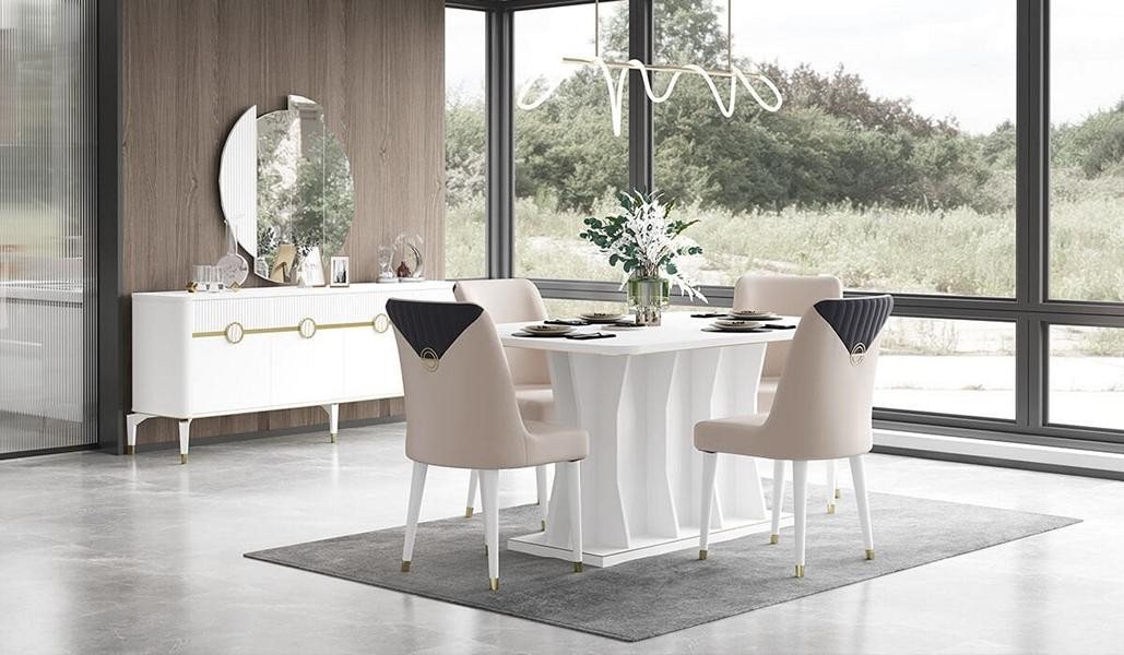 JVmoebel Esszimmer-Set Essgruppe 10tlg. Esstisch Stühle Anrichte Holz Weiß RTV, (10-St., Esstisch, 6xStühle, Anrichte + Spiegel, RTV Lowboard), Made in Europe von JVmoebel