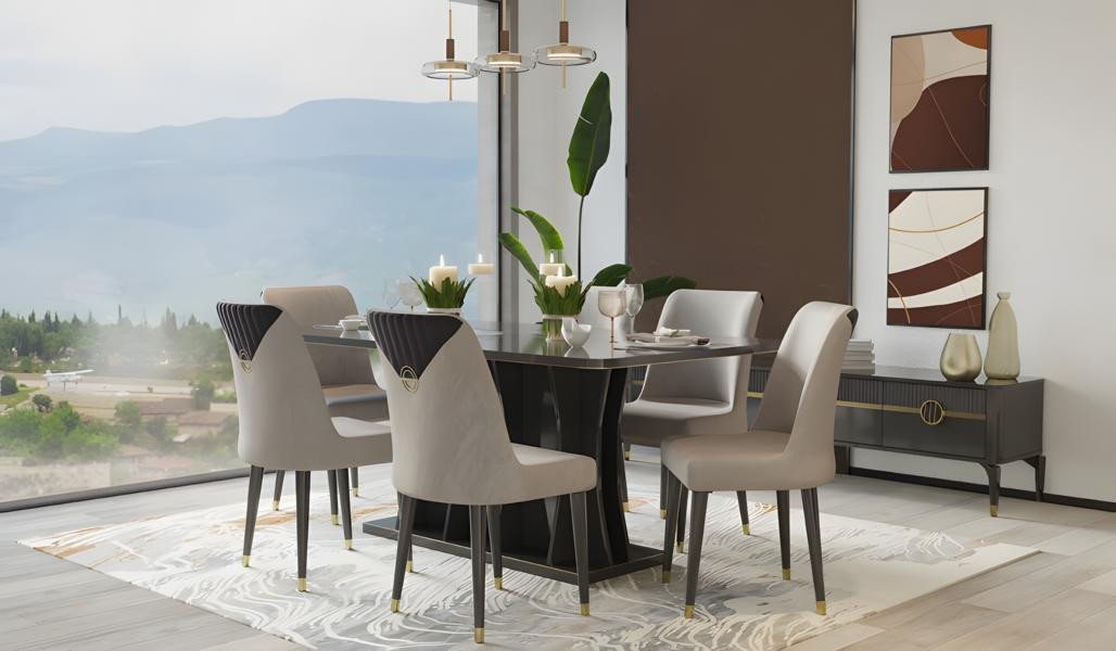 JVmoebel Esszimmer-Set Essgruppe 7tlg. Grau Holz Set - Esszimmer Tisch mit Stühlen, (7-St., Esstisch, 6xStühle), Made in Europe von JVmoebel