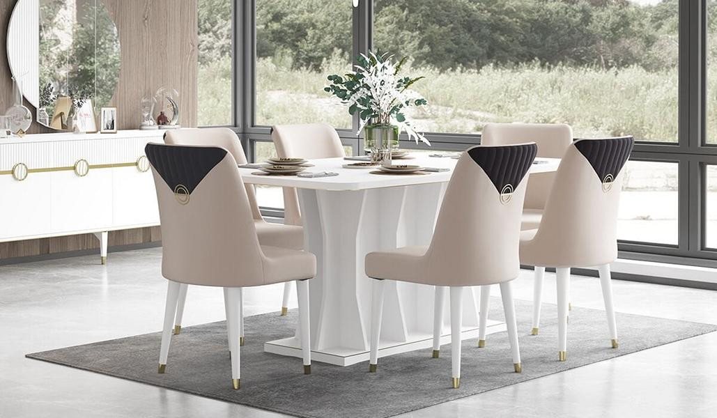 JVmoebel Esszimmer-Set Essgruppe 7tlg. Weiß Holzfurnier Esstisch mit Stühlen Esszimmer, (7-St., Esstisch, 6xStühle), Made in Europe von JVmoebel