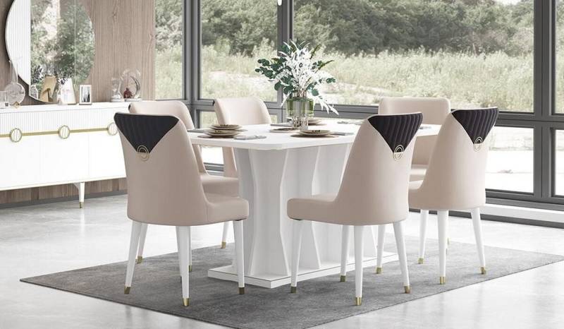 JVmoebel Esszimmer-Set Essgruppe 7tlg. Weiß Holzfurnier Esstisch mit Stühlen Esszimmer, (7-St., Esstisch, 6xStühle), Made in Europe von JVmoebel