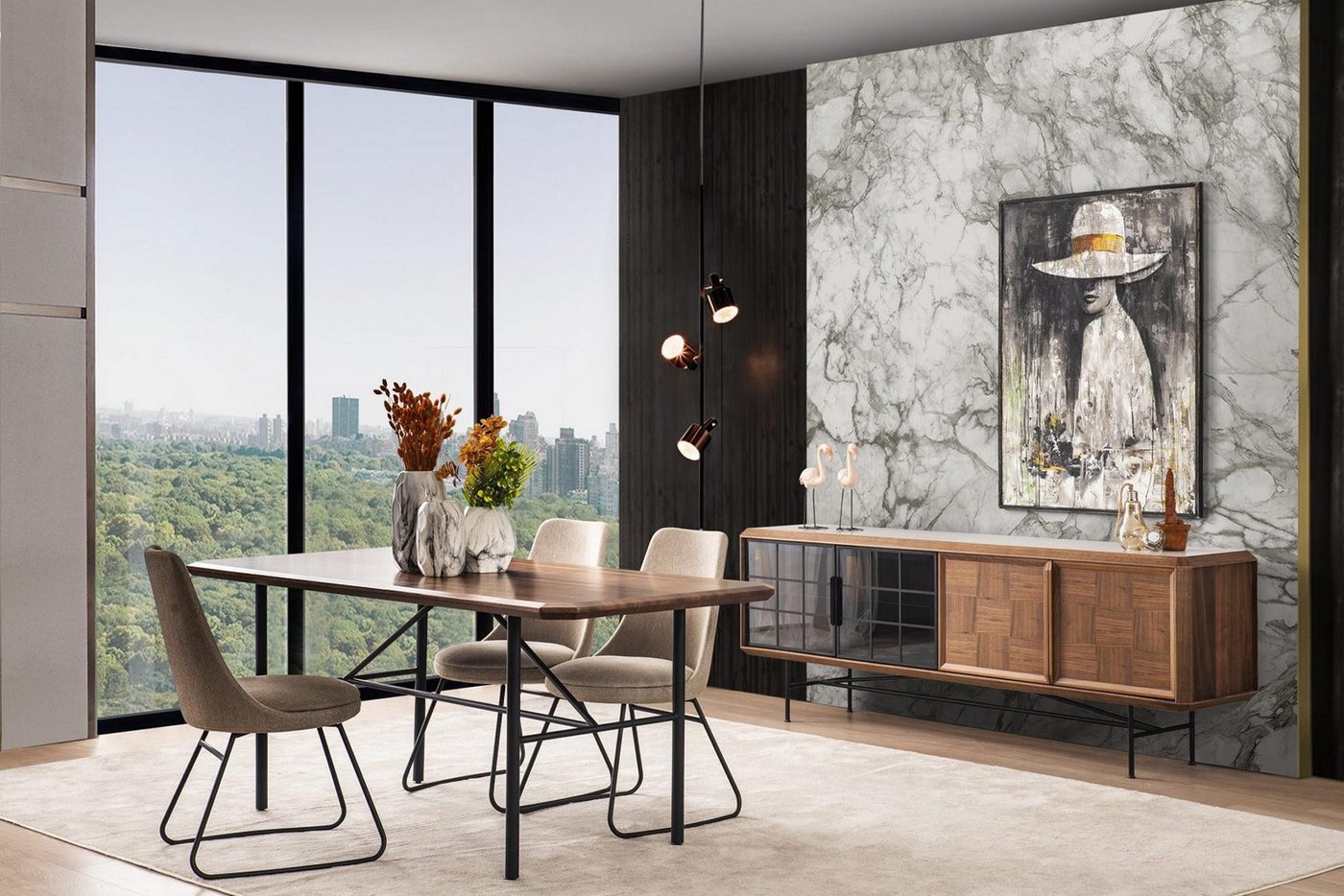 JVmoebel Esszimmer-Set Essgruppe 8-teilig Esstischset aus Holz in Braun für das Esszimmer, (8-St., 1x Esstisch + 6x Stühle + 1x Sideboard), Made in Europa von JVmoebel