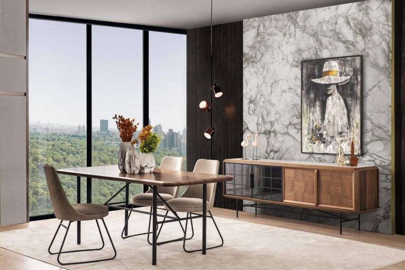 JVmoebel Esszimmer-Set Essgruppe 8-teilig Esstischset aus Holz in Braun für das Esszimmer, (8-St., 1x Esstisch + 6x Stühle + 1x Sideboard), Made in Europa von JVmoebel