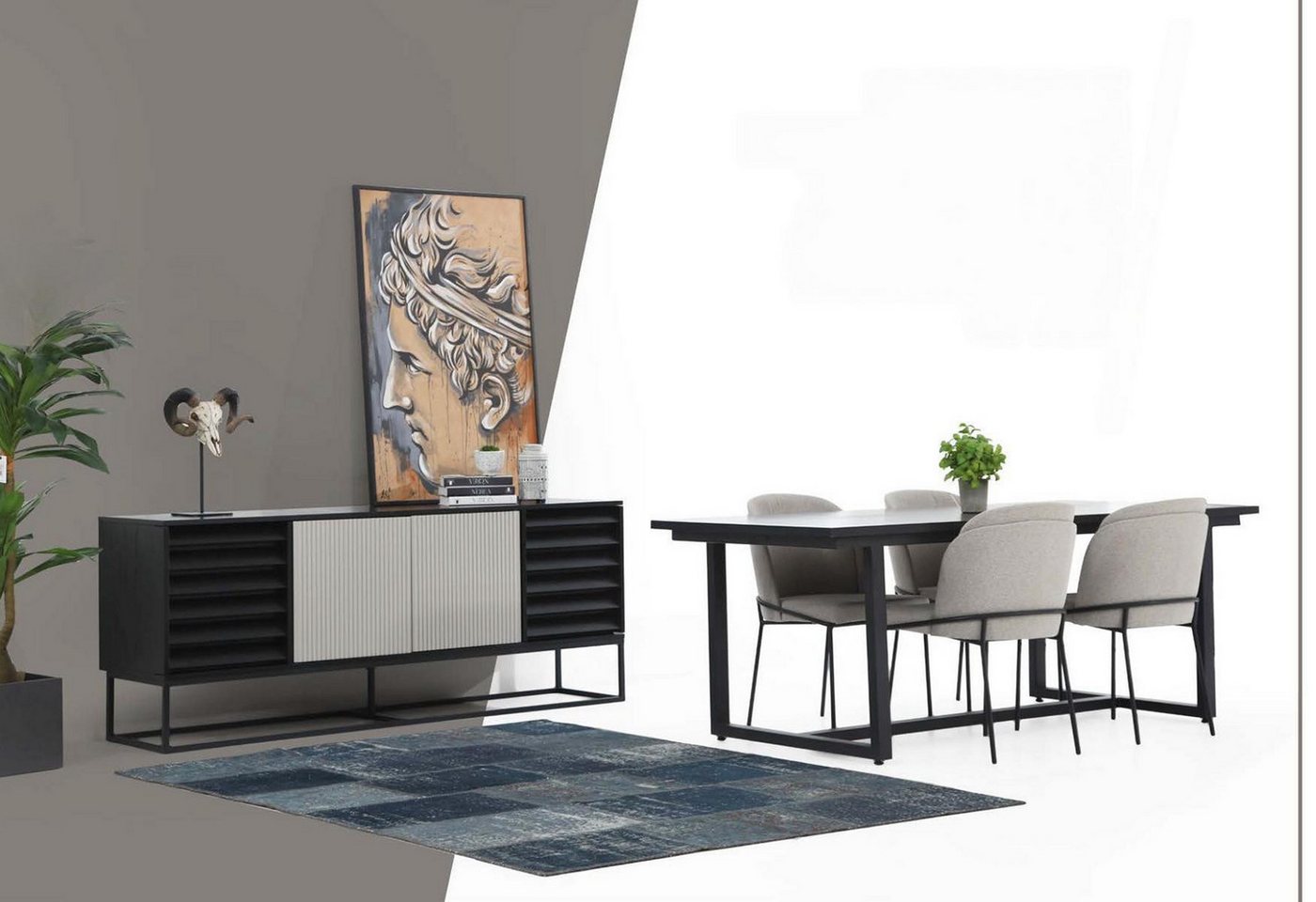 JVmoebel Esszimmer-Set Essgruppe 8-teilig mit Esstisch und Stühlen in Schwarz Holz Neu, (8-St., 1x Esstisch + 6x Stühle + 1x Sideboard), Made in Europa von JVmoebel
