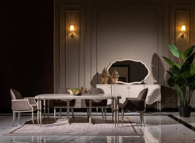 JVmoebel Esszimmer-Set Essgruppe Esszimmer Beige Holz mit Esstisch und Stühlen, (9-St., 1x Esstisch + 6x Stühle + 1x Sideboard + 1x Spiegel), Made in Europa von JVmoebel