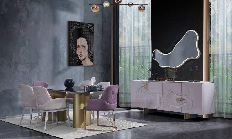 JVmoebel Esszimmer-Set Essgruppe Holz 9tlg Esstisch Set für das Esszimmer Design, (9-St., Esstisch + 6x Stühle + Sideboard + Spiegel), Made in Europa von JVmoebel