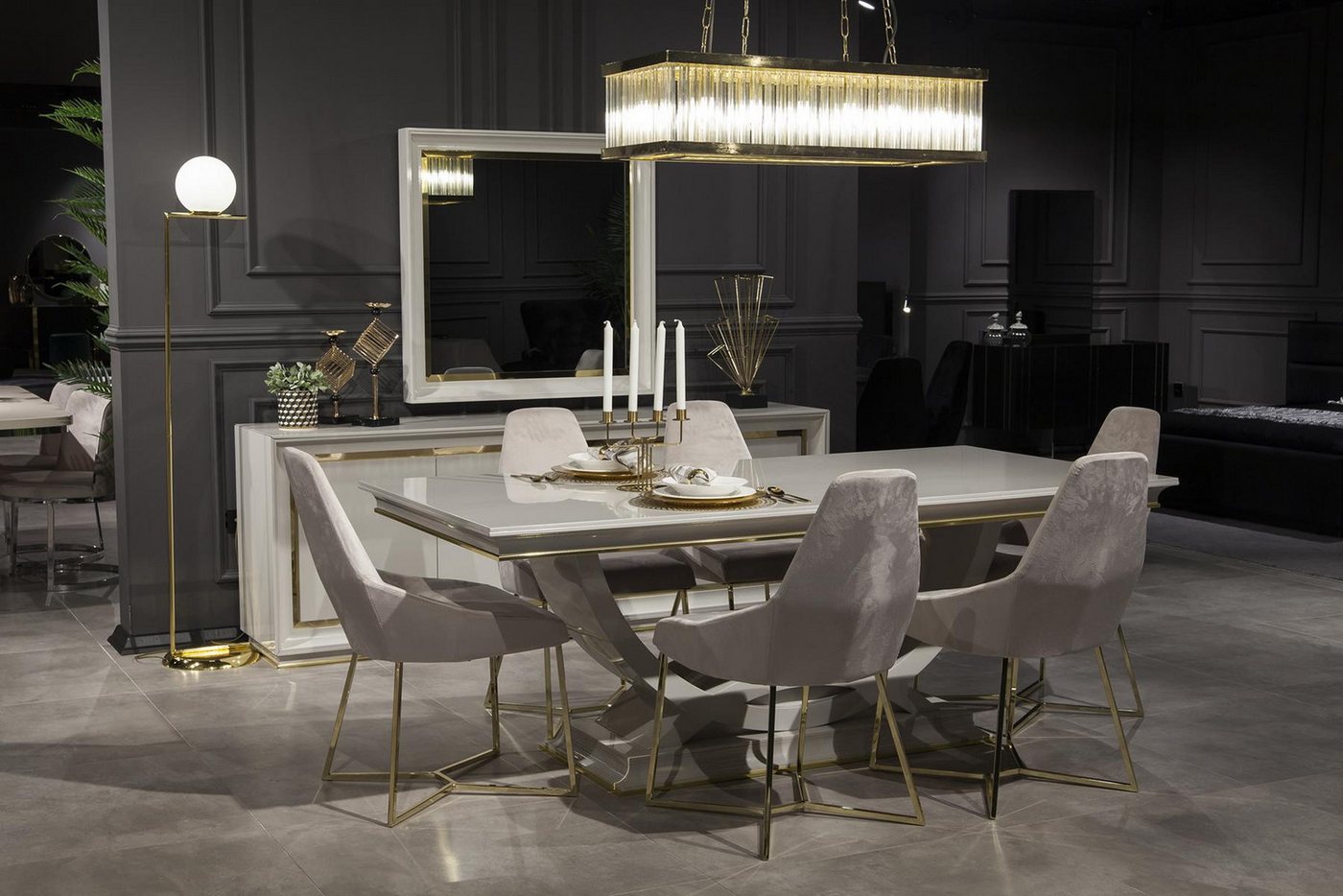 JVmoebel Esszimmer-Set Essgruppe Tisch Stuhl Set Tisch Garnitur Kommode 9tlg Möbel, (9-St., 1x Esstisch + 6x Stühle + 1x Anrichte + 1x Spiegel), Made in Europa von JVmoebel
