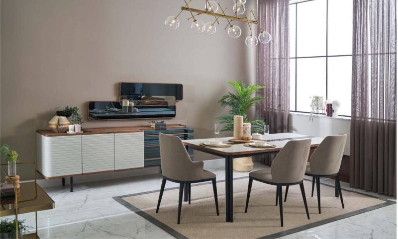 JVmoebel Esszimmer-Set Essgruppe aus Holz in Weiß – 9-teiliges Esszimmer-Set, (9-St., Set Esszimmer 9tlg (Esstisch + 6x Stühle + Sideboard + Spiegel), Made in Europa von JVmoebel