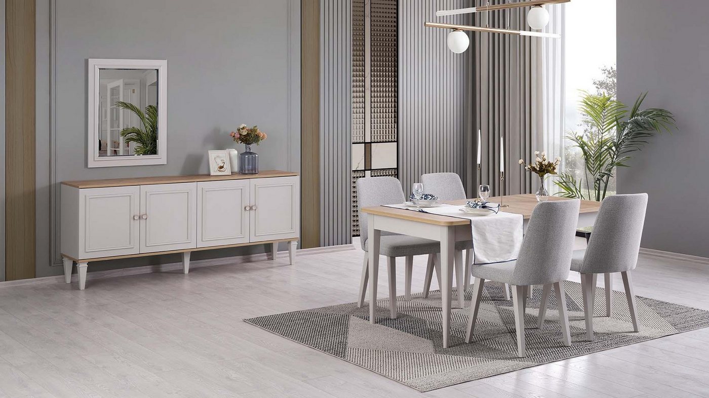 JVmoebel Esszimmer-Set Essgruppe für das Esszimmer, Graues Möbelset mit Tisch und Stühlen, (9-St., 1x Esstisch + 6x Stühle + 1x Sideboard + 1x Spiegel), Made in Europa von JVmoebel