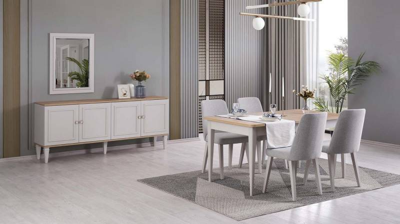 JVmoebel Esszimmer-Set Essgruppe für das Esszimmer, Graues Möbelset mit Tisch und Stühlen, (9-St., 1x Esstisch + 6x Stühle + 1x Sideboard + 1x Spiegel), Made in Europa von JVmoebel