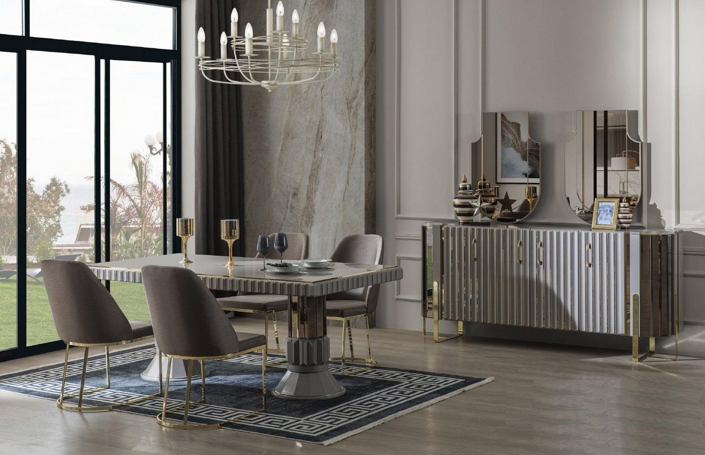JVmoebel Esszimmer-Set Essgruppe für das Esszimmer mit Esstisch und Stühlen in Grau, (7-St., Esstisch + 6x Stühle, Ohne Sideboard + Spiegel), Made in Europa von JVmoebel