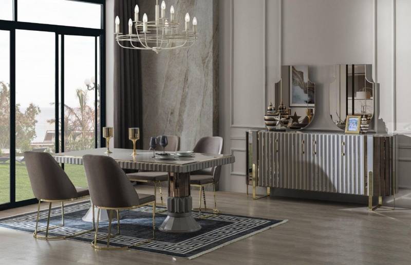 JVmoebel Esszimmer-Set Essgruppe für das Esszimmer mit Esstisch und Stühlen in Grau, (7-St., Esstisch + 6x Stühle, Ohne Sideboard + Spiegel), Made in Europa von JVmoebel