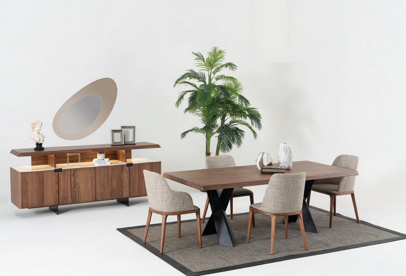 JVmoebel Esszimmer-Set Essgruppe mit Tisch, 4 Stühlen, Anrichte und Spiegel im Design, (7-St), Made in Europa von JVmoebel