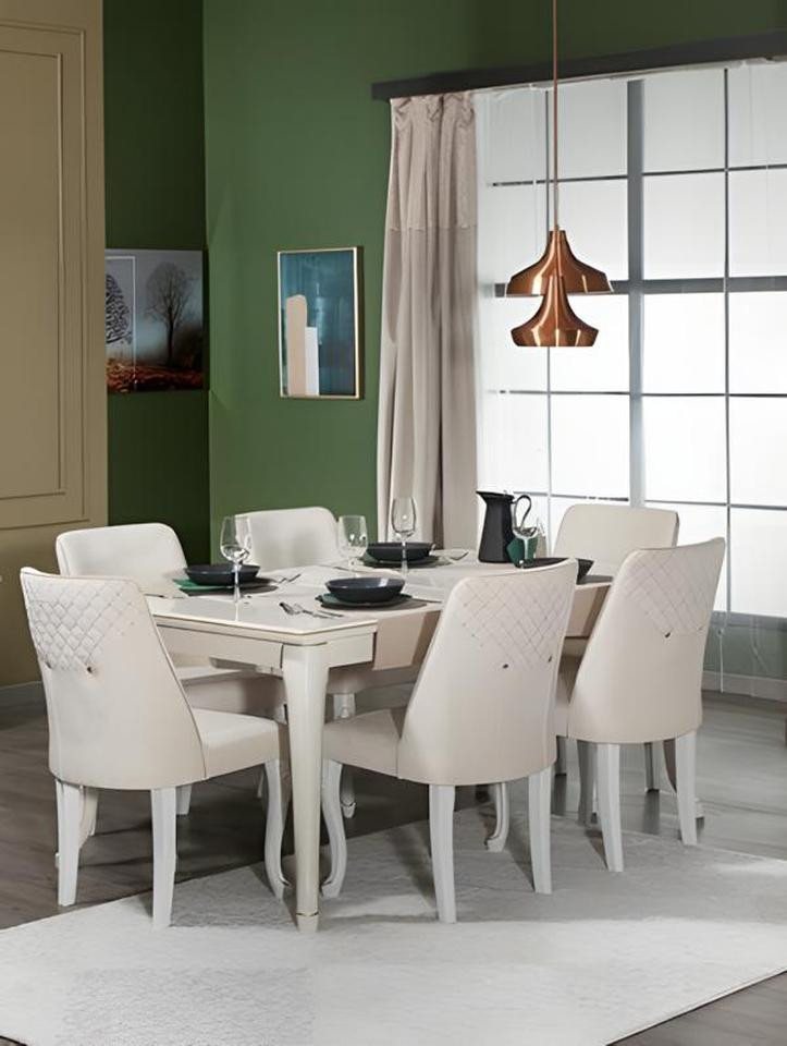 JVmoebel Esszimmer-Set Esszimmer Garnitur 7tlg Esstisch Stühle Holz Weiß Holzfurnier, (7-St., Esstisch, 6xStühle), Made in Europe von JVmoebel