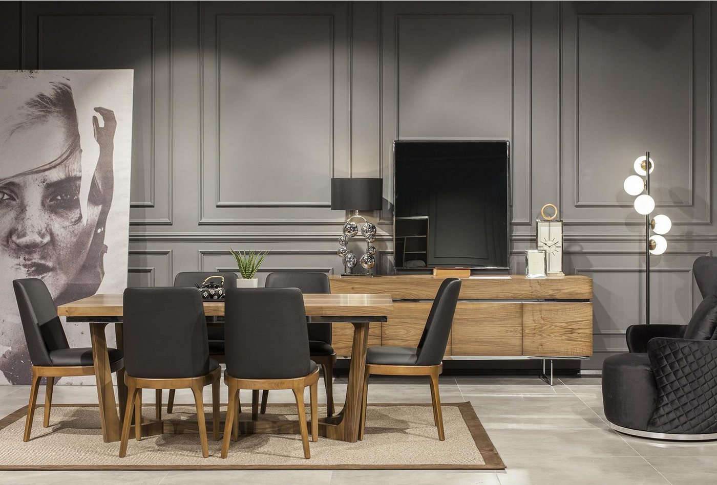 JVmoebel Esszimmer-Set Esszimmer Garnitur Essgruppe Komplettes Set Anrichte Stühle Möbel 9tlg, (9-St., 1x Esstisch + 6x Stühle + 1x Anrichte + 1x Spiegel), Made in Europa von JVmoebel