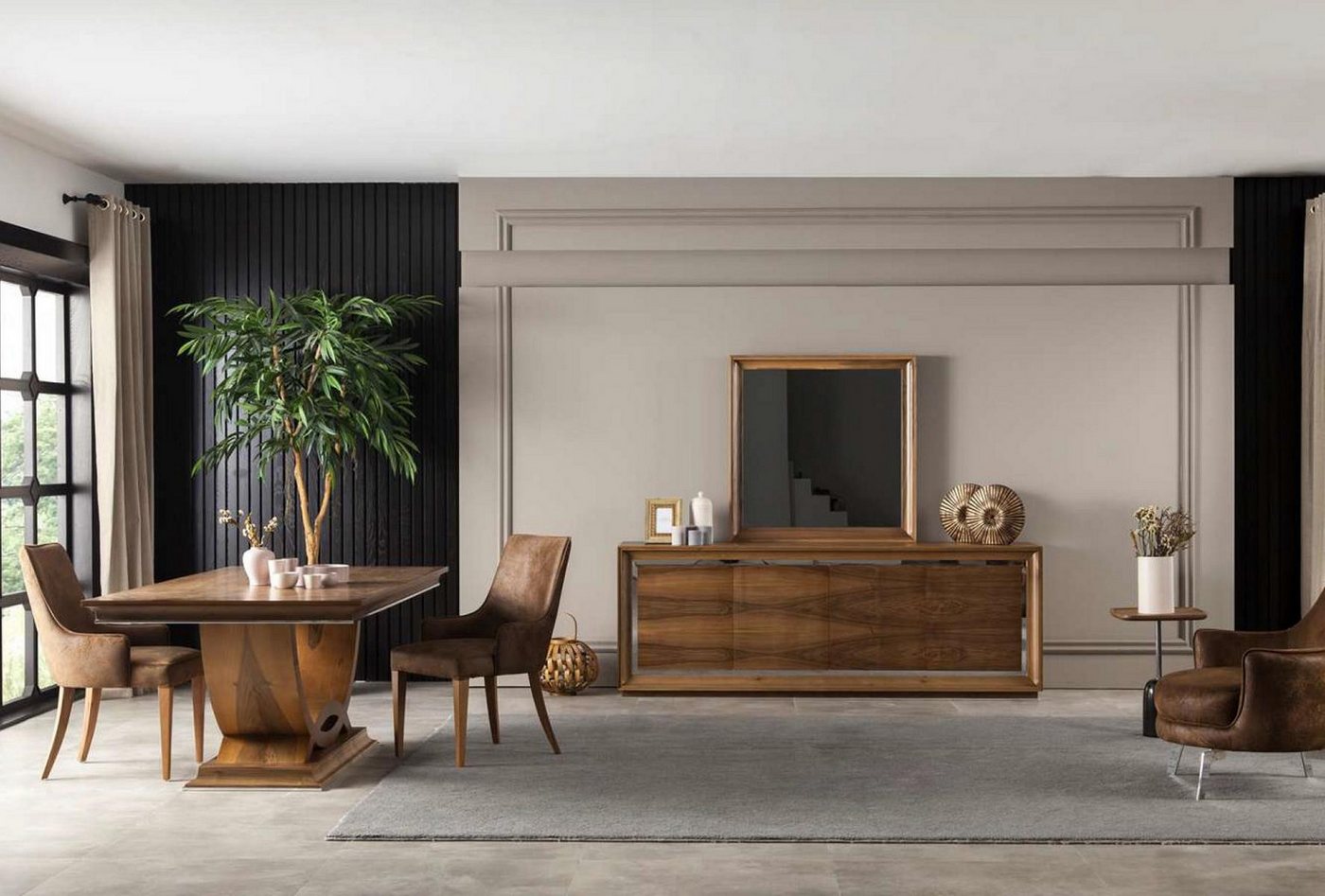JVmoebel Esszimmer-Set Esszimmer Garnitur Esstisch mit Stühlen Anrichte Tisch 7tlg. Essgruppe, (7-St., 1x Esstisch + 1x Anrichte + 1x Spiegel + 4x Stühle), Made in Europa von JVmoebel