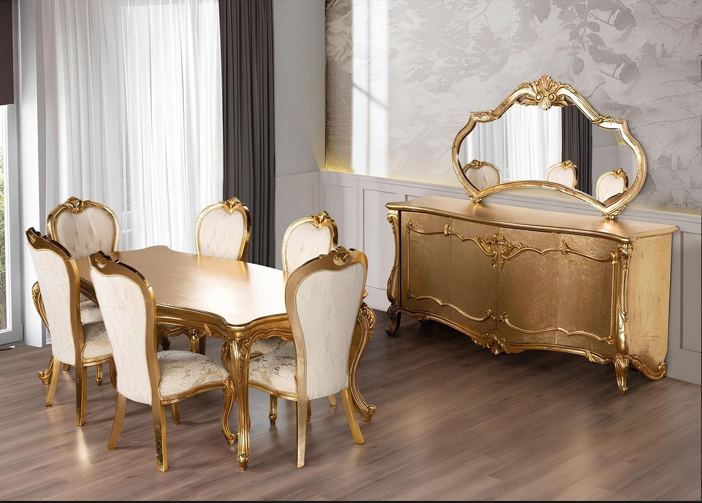 JVmoebel Esszimmer-Set Esszimmer Garnitur Set Tisch 6x Stühle Anrichte Spiegel Essgruppe 9tlg, (9-St), Made in Europa von JVmoebel