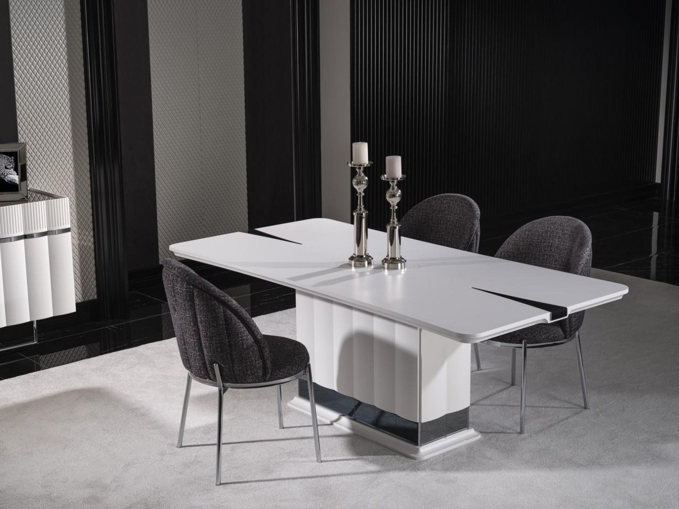 JVmoebel Esszimmer-Set Esszimmer Garnitur Set: Esstisch Weiß mit 4 Stühlen Modern Holzwerk..., (5-St., Esstisch, 4х Stühle), Made in Europe von JVmoebel