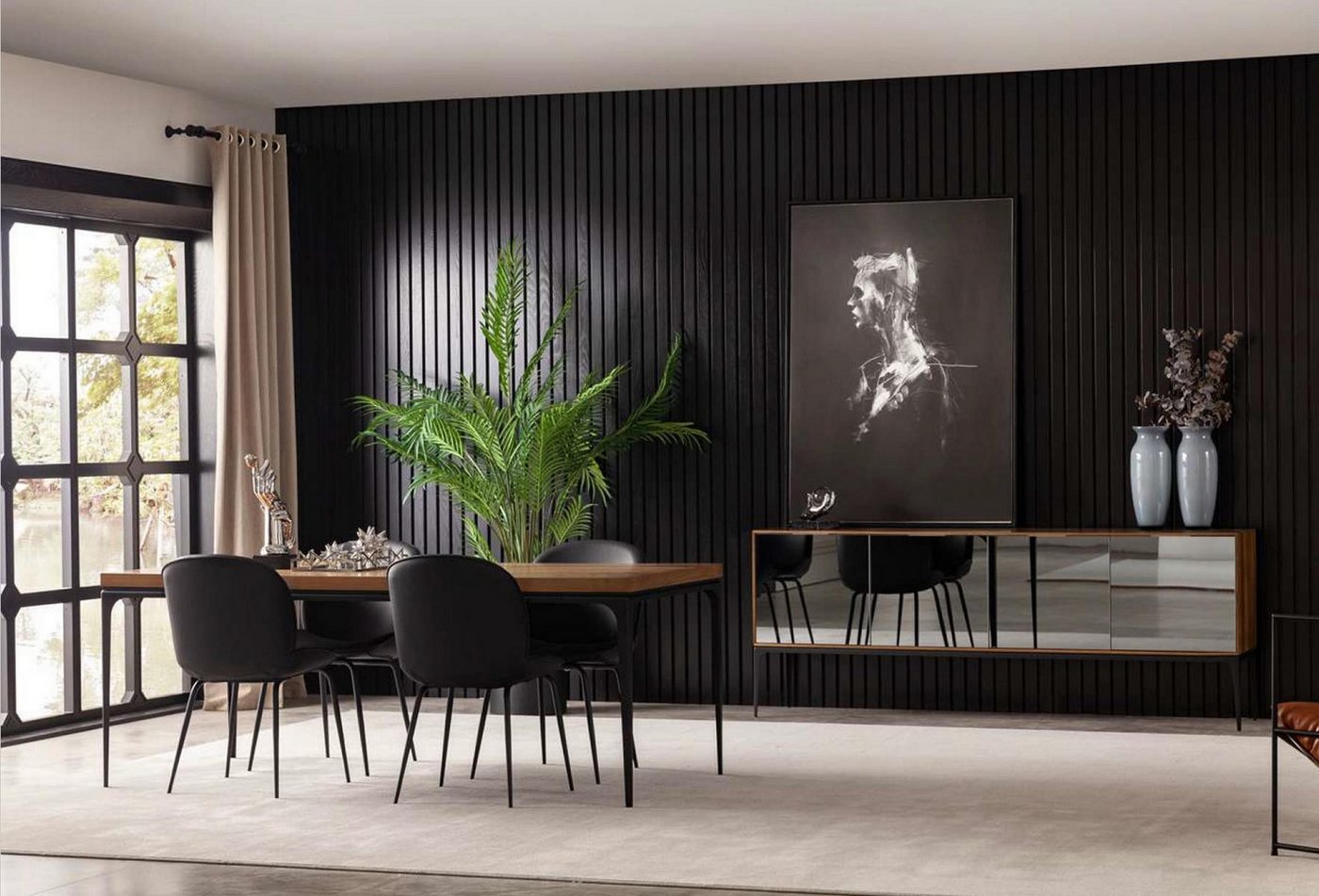 JVmoebel Esszimmer-Set Esszimmer Garnitur Tisch 4x Lehnstuhl Anrichte Sideboard Stuhl-Sets, (6-St., 1x Esstisch + 4x Stühle + 1x Anrichte), Made in Europa von JVmoebel
