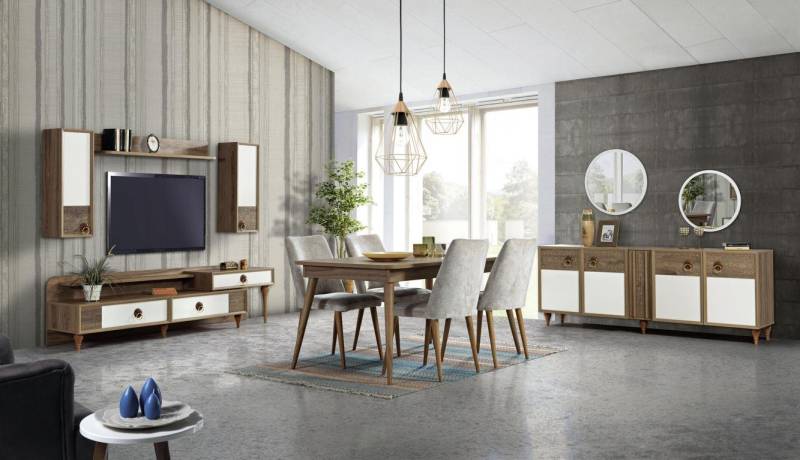 JVmoebel Esszimmer-Set Esszimmer Garnitur Tisch mit 4 Stühlen und Anrichte aus Holz/Textil, (6-St), Made in Europa von JVmoebel