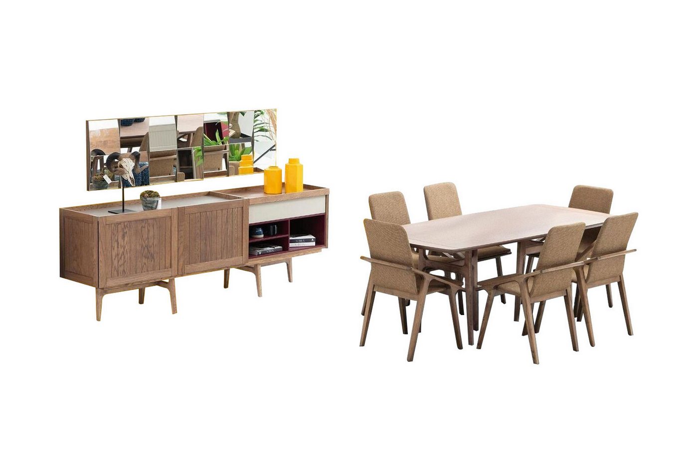 JVmoebel Esszimmer-Set Esszimmer Gruppe Esstisch Stühle Sideboard Tisch Holz Set 8tlg Weiß, (8-St., Esstisch + 6x Stühle + Sideboard), Made in Europa von JVmoebel