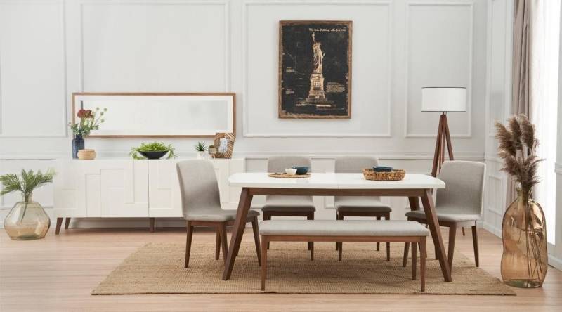 JVmoebel Esszimmer-Set Esszimmer Komplett Esstisch Set 4x Stühle Holzmöbel Anrichte Bank, (8-St., Esstisch + 4x Stühle + Bank + Anrichte +Spiegel), Made in Europa von JVmoebel