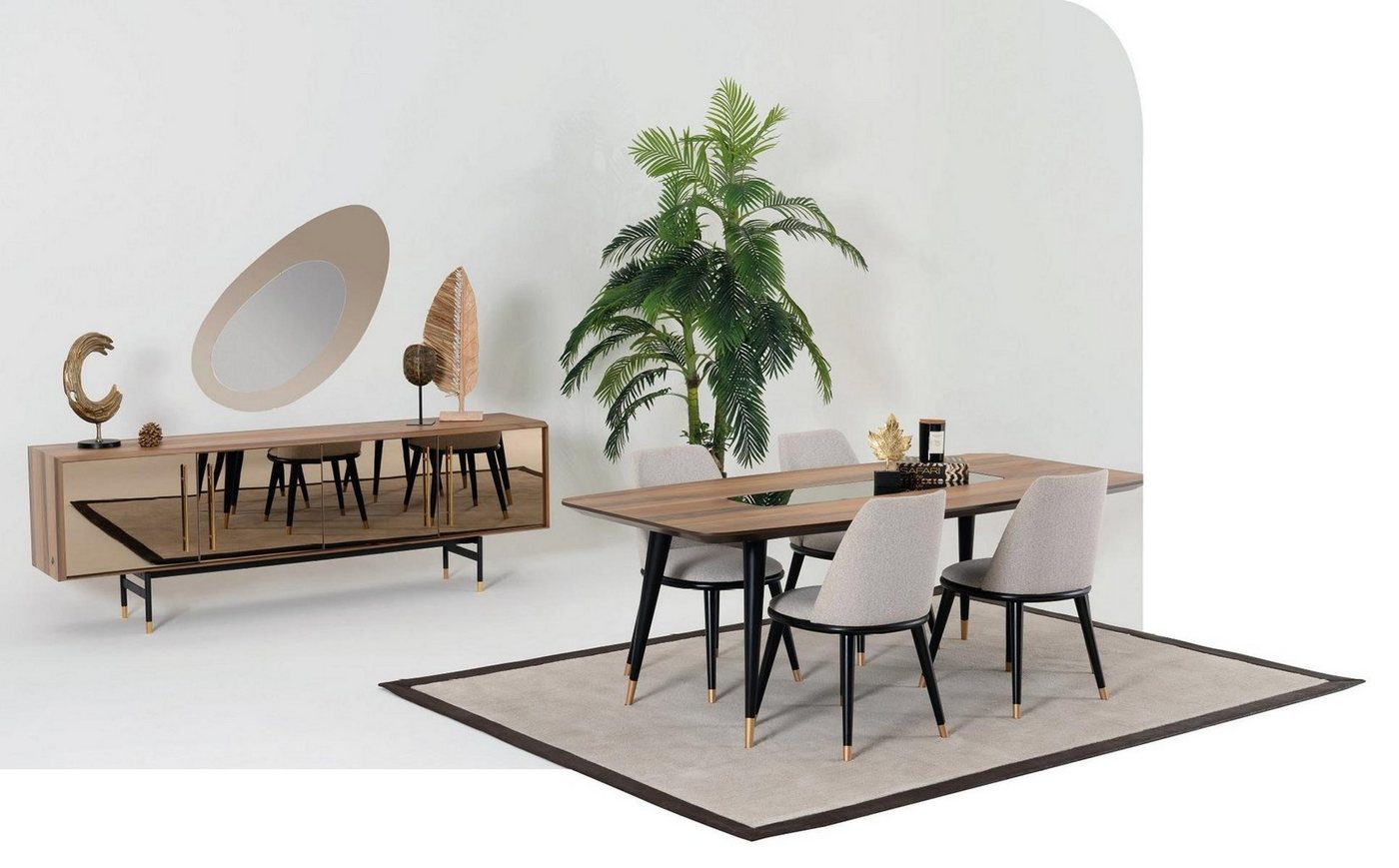 JVmoebel Esszimmer-Set Esszimmer Möbel Set: Tisch mit 4 Stühlen, Anrichte und Spiegel, (7-St., Esstisch + 4x Stühle + Anrichte + Spiegel), Made in Europa von JVmoebel