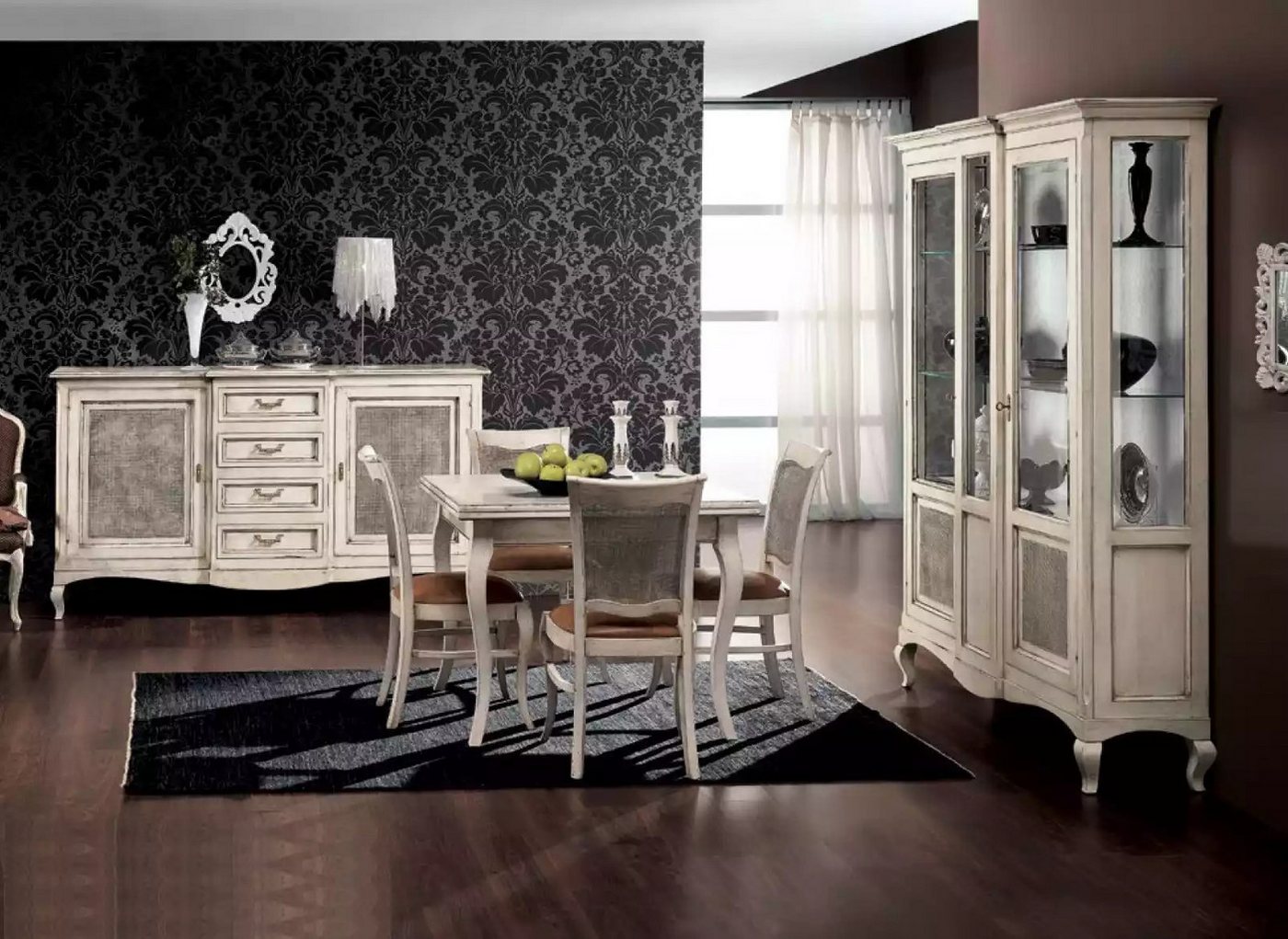 JVmoebel Esszimmer-Set Esszimmer Möbelset mit Tisch, 4 Stühlen und Sideboard, (7-St., Nur Esstisch + 4x Stühle + Sideboard + Vitrine), Made in Europa von JVmoebel