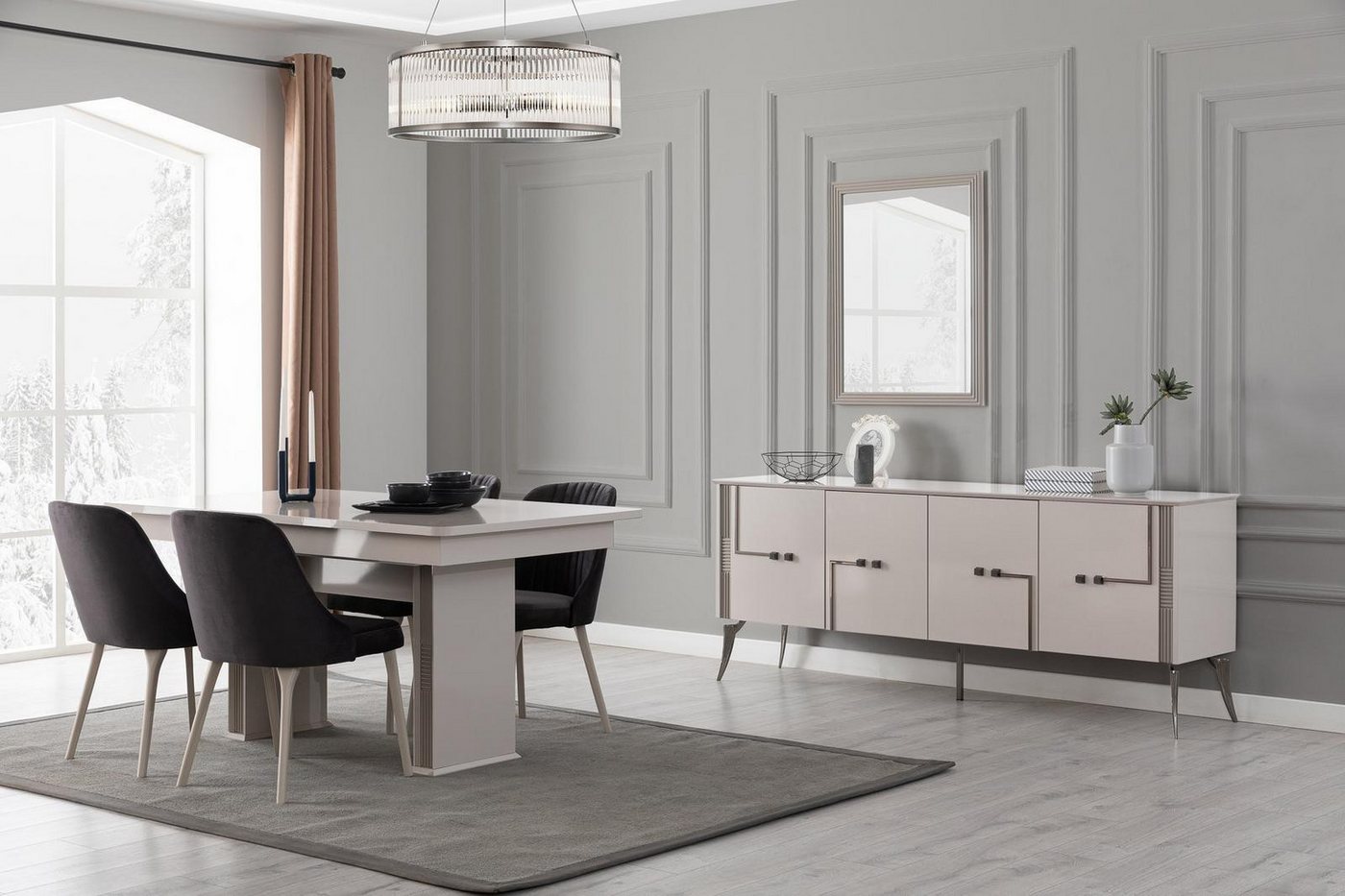 JVmoebel Esszimmer-Set Esszimmer Möbelset: Großer Tisch mit 4 Stühlen und Sideboard, (7-St., 1x Esstisch + 4x Stühle + 1x Sideboard + 1x Spiegel), Made in Europa von JVmoebel