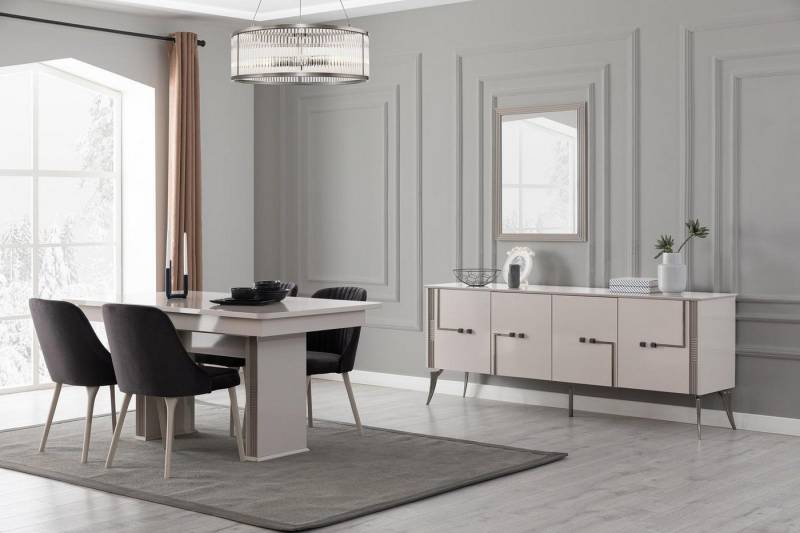 JVmoebel Esszimmer-Set Esszimmer Möbelset: Großer Tisch mit 4 Stühlen und Sideboard, (7-St., 1x Esstisch + 4x Stühle + 1x Sideboard + 1x Spiegel), Made in Europa von JVmoebel