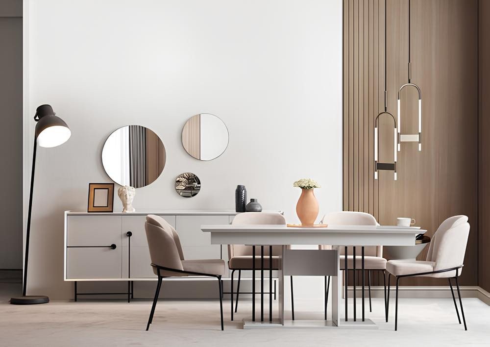 JVmoebel Esszimmer-Set Esszimmer Set 8tlg Holzmöbel Esstisch mit 4x Stühlen Design Konsole, (Esstisch / 4x Stuhle / Sideboard/ 3x Spiegel), Made in Europa von JVmoebel