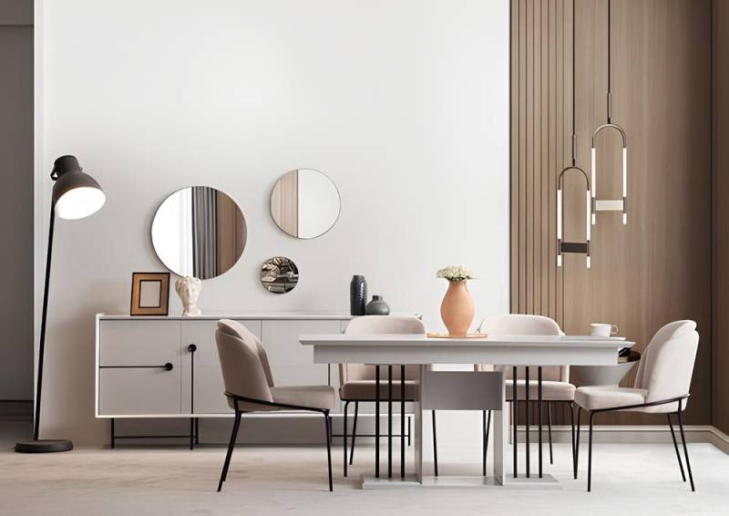 JVmoebel Esszimmer-Set Esszimmer Set 8tlg Holzmöbel Esstisch mit 4x Stühlen Design Konsole, (Esstisch / 4x Stuhle / Sideboard/ 3x Spiegel), Made in Europa von JVmoebel
