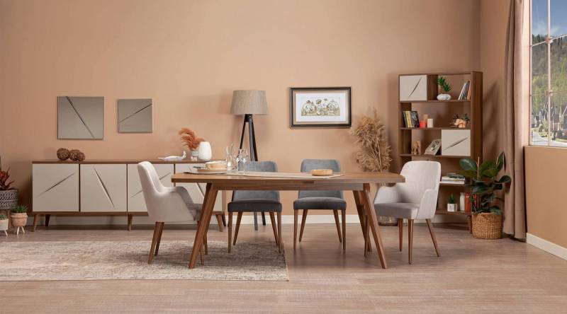 JVmoebel Esszimmer-Set Esszimmer Set 9tlg Essgarnitur Modern Stil Esstisch mit 4x Stühle, (9-St., Esstisch + 4x Stühle+ Bücherregal + Anrichte + Spiegel), Made in Europa von JVmoebel