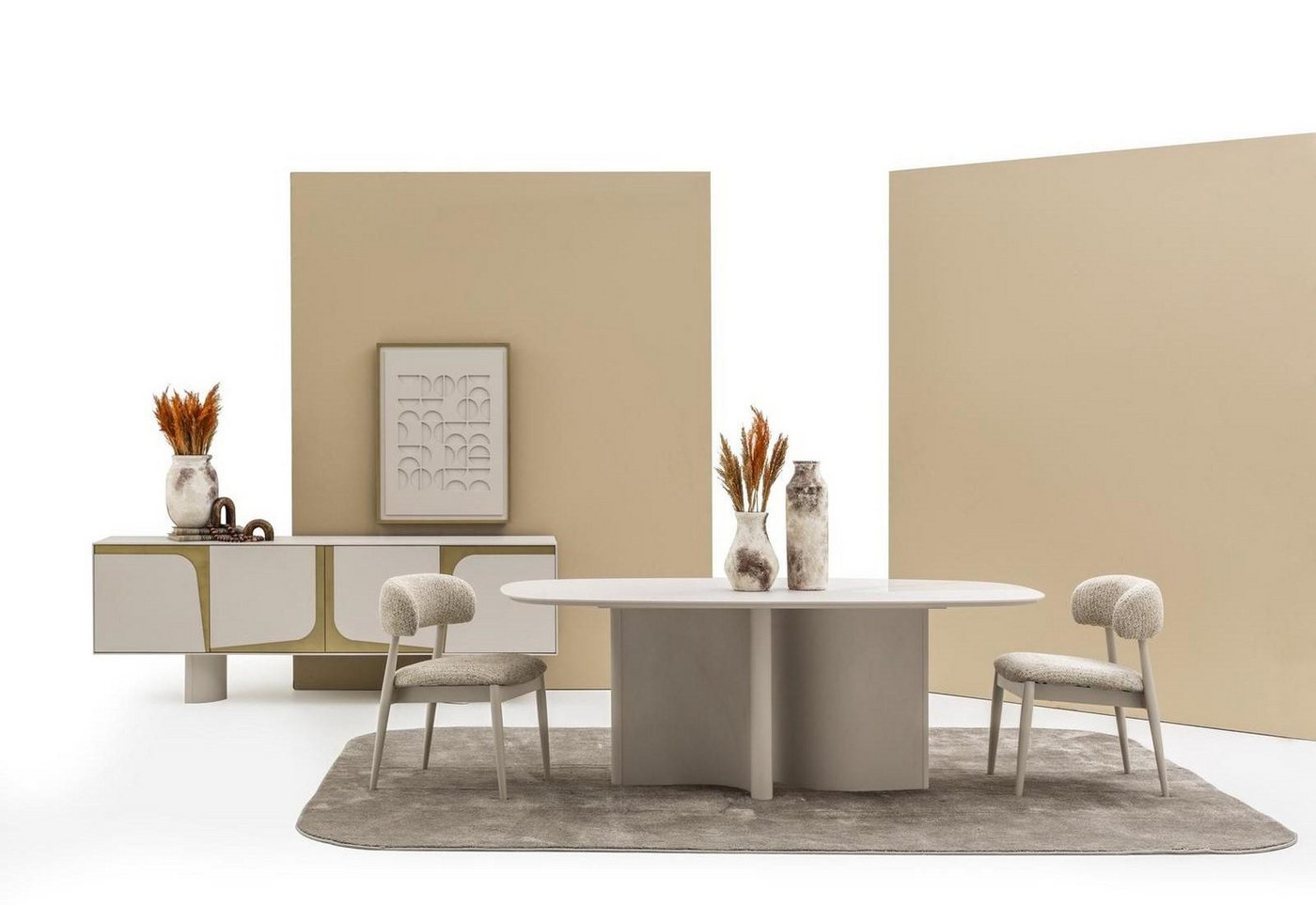 JVmoebel Esszimmer-Set Esszimmer Set 9tlg. Esstisch 210cm mit 6 Stühlen, Weiß, Modern, (9-St., Esstisch, 6x Stühle, Sideboard, Gemälde), Made in Europe von JVmoebel
