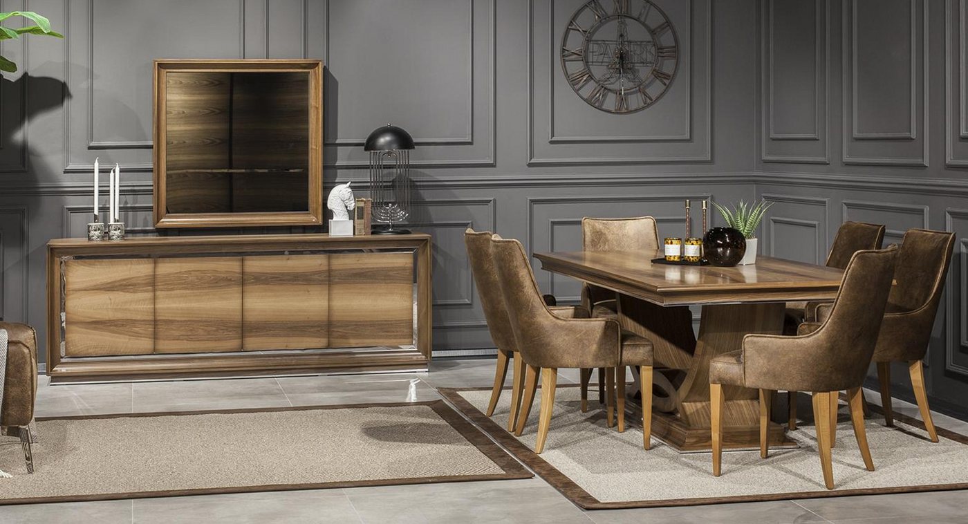 JVmoebel Esszimmer-Set Esszimmer Set Stuhl Set Kommode Anrichte Tisch Garnitur 9tlg, (9-St., 1x Esstisch + 6x Stühle + 1x Anrichte + 1x Spiegel), Made in Europa von JVmoebel