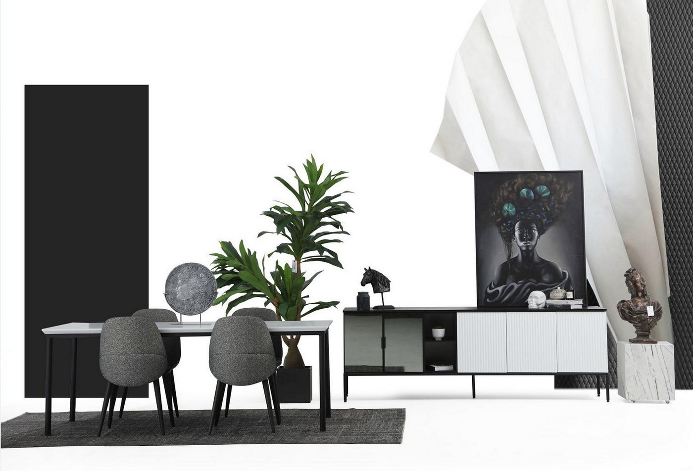 JVmoebel Esszimmer-Set Esszimmer Set aus Holz: Tisch, Stühle und Sideboard in Weiß, (6-St., Esstisch + 4x Stühle + Sideboard), Made in Europa von JVmoebel