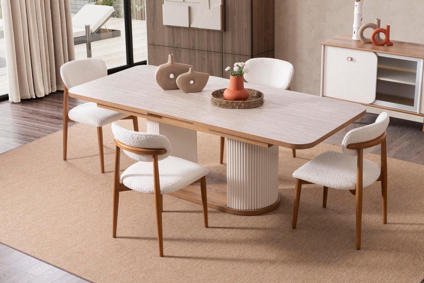 JVmoebel Esszimmer-Set Esszimmer-Set in Beige aus Holz – Stilvoll und Gemütlich, (7-St., MaßeEsstisch, Maße6x Stühle), Made in Europe von JVmoebel
