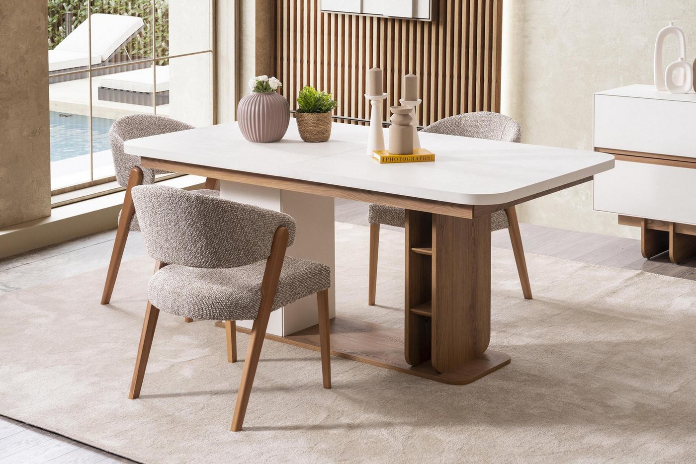 JVmoebel Esszimmer-Set Esszimmer-Set in Beige aus Holz – Stilvolle Funktionalität, (7-St., MaßeEsstisch, Maße6x Stühle), Made in Europe von JVmoebel