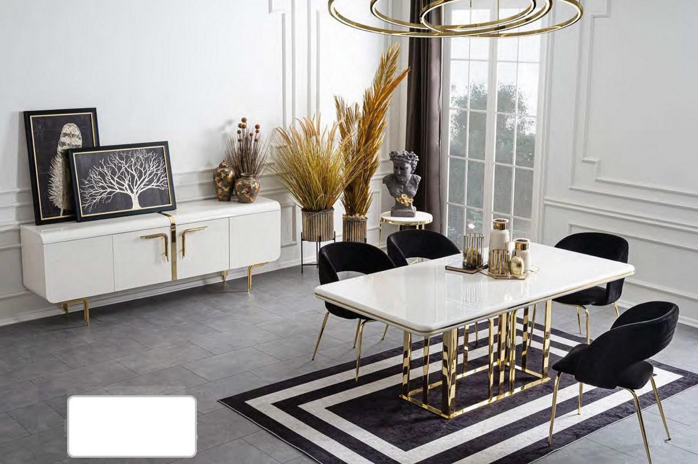 JVmoebel Esszimmer-Set Esszimmer Set mit Tisch, 4 Stühlen und Sideboard aus Edelstahl, (6-St., 1x Esstisch + 1x Sideboard + 4x Stühle), Made in Europa von JVmoebel